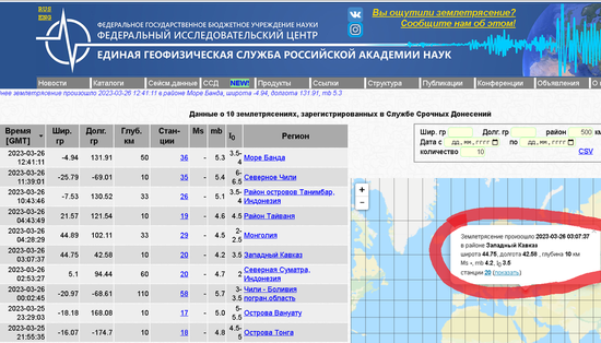 Скриншот с сайта Единой геофизической службы РАН 